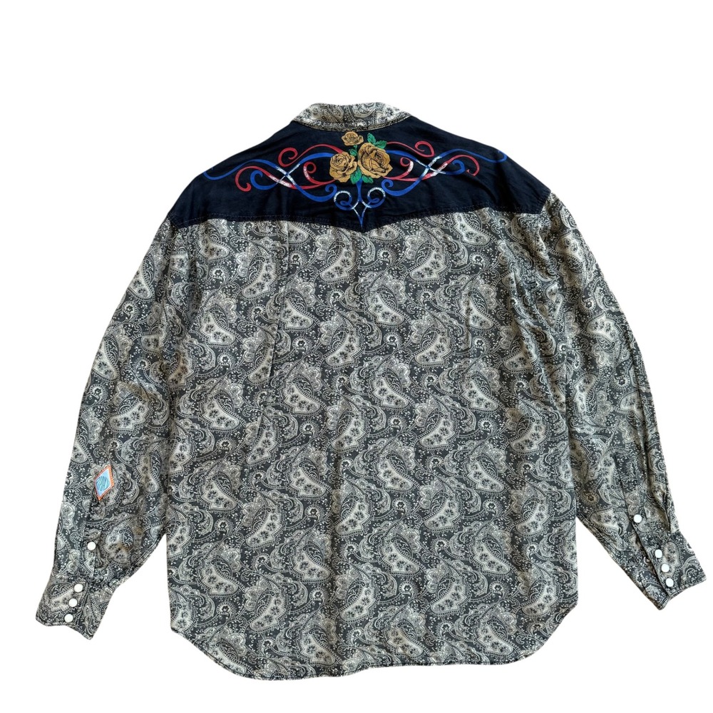 Replay Mens Paisley Western Shirt Rose Embroidery Snap Button Made in Italy L